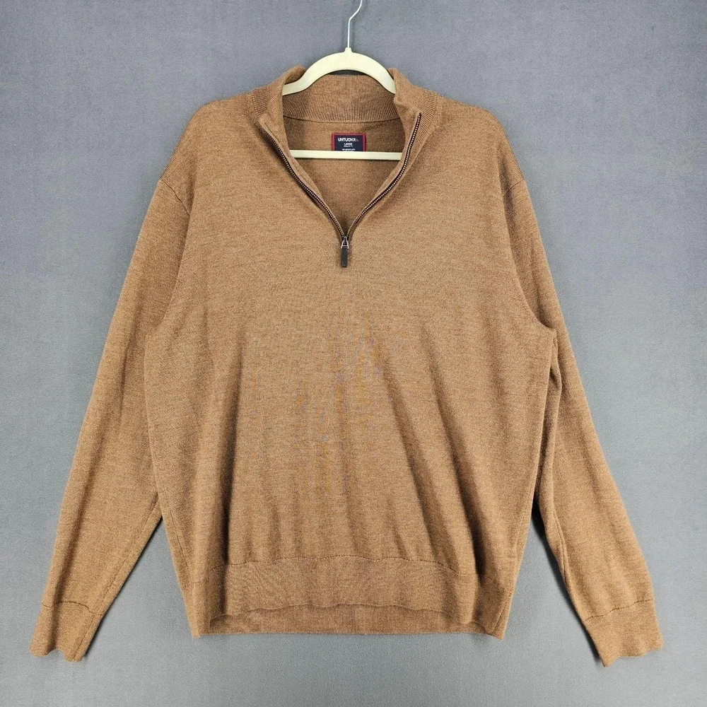 UNTUCKit Sweater Mens Large Brown 1/4 Zip Merino Wool Mock Neck Pullover Knit